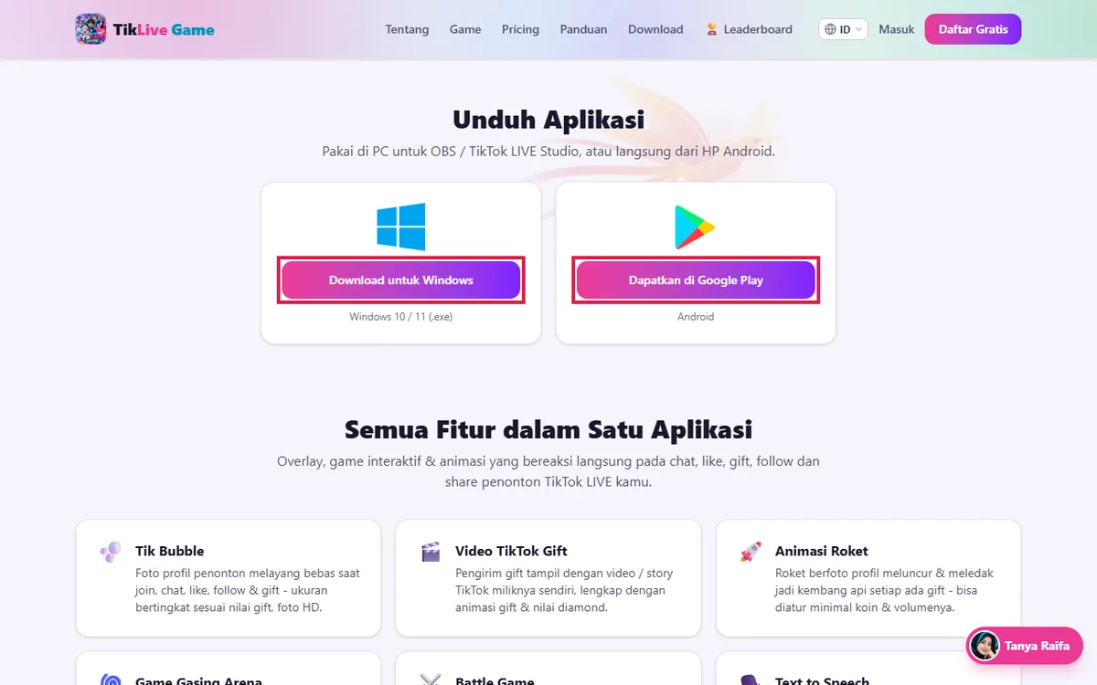 Bagian Download: pilihan Windows dan Android (Google Play)