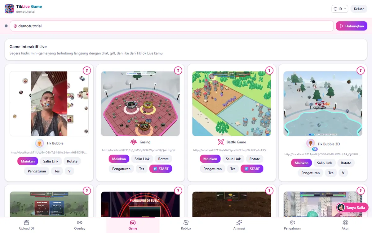 Panel utama aplikasi Tik Live Game di PC