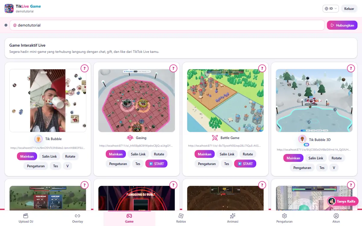 Menu bawah: Upload DJ, Overlay, Game, Roblox, Animasi, Pengaturan, Akun