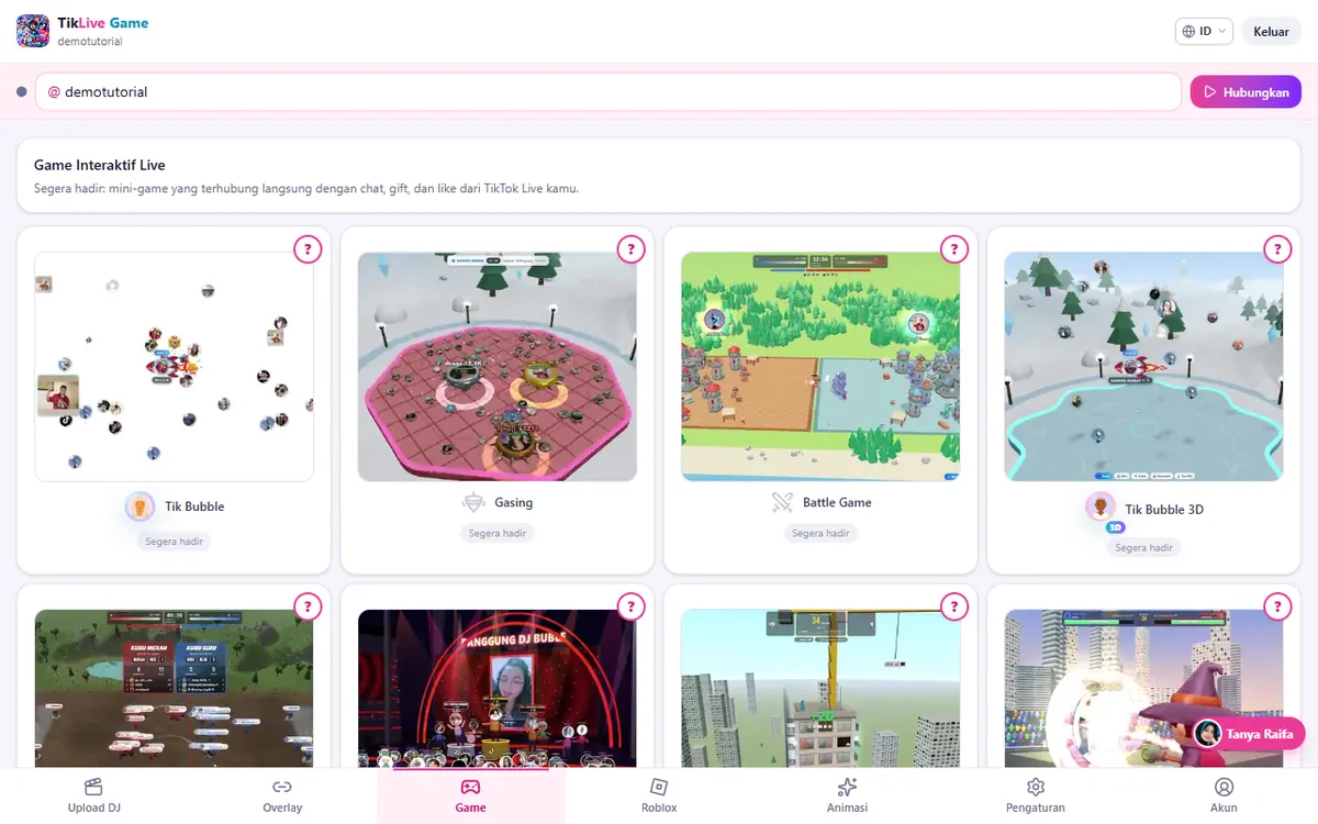 Daftar kartu game di tab Game