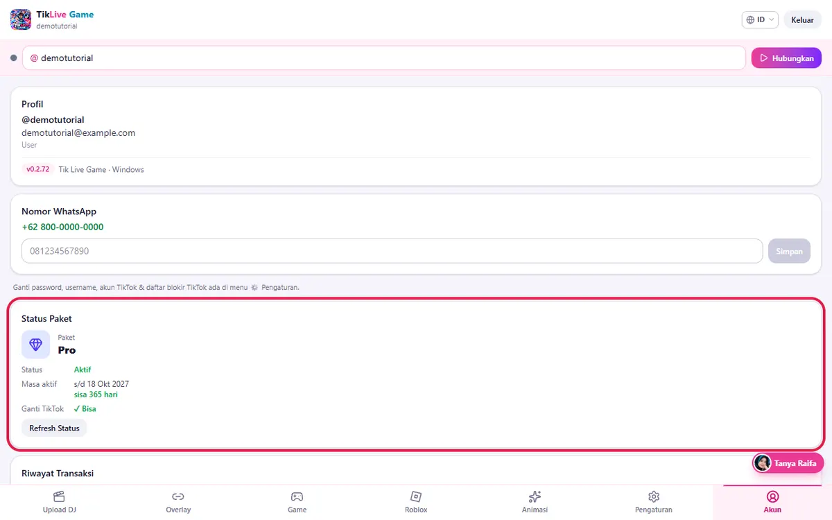 Tab Akun: bagian Status Paket