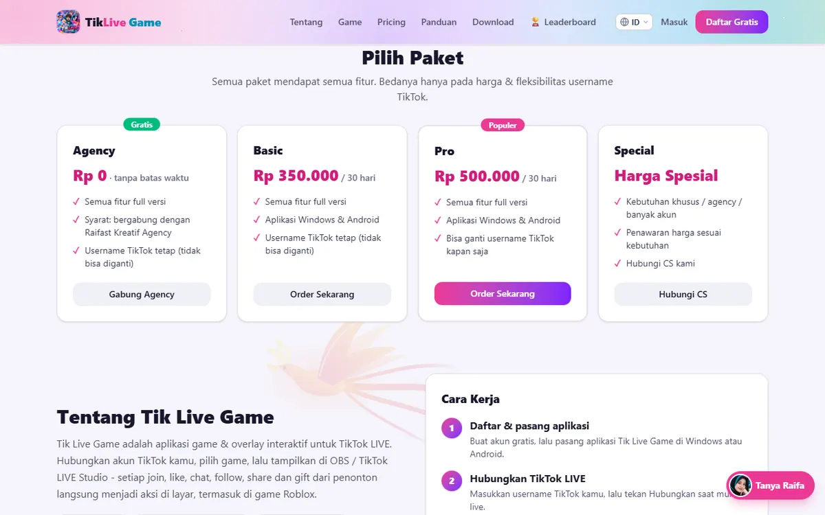 Daftar paket & harga di website