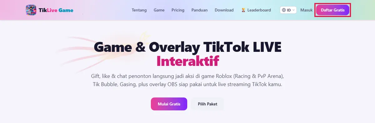 Tombol Daftar Gratis di pojok kanan atas
