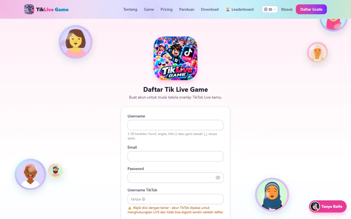 Halaman Daftar Tik Live Game dengan formulirnya