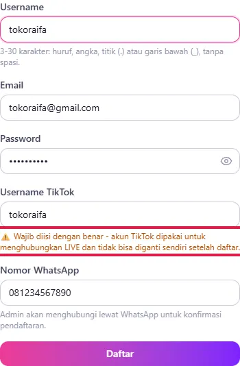 Formulir daftar terisi - perhatikan peringatan kuning di bawah Username TikTok