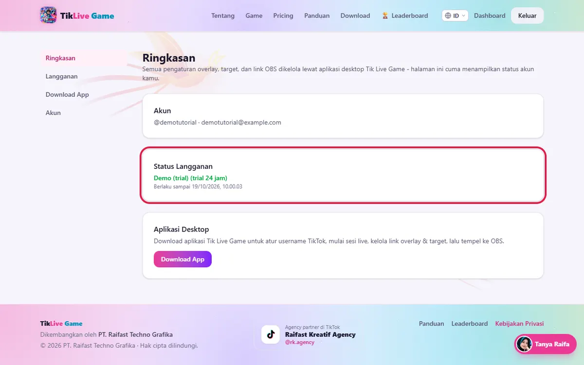 Dashboard Ringkasan setelah daftar: Status Langganan Demo (trial)