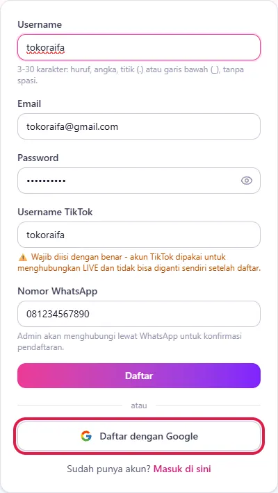 Tombol Daftar dengan Google di bawah formulir