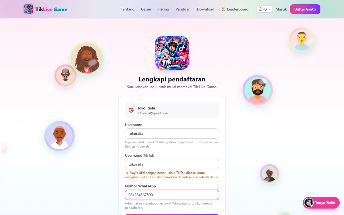 Halaman Lengkapi pendaftaran setelah daftar dengan Google