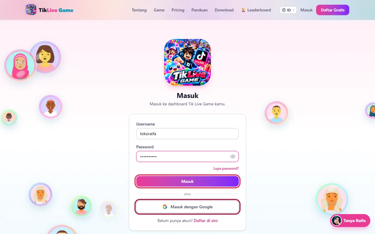 Halaman Masuk: isi Username & Password, atau Masuk dengan Google