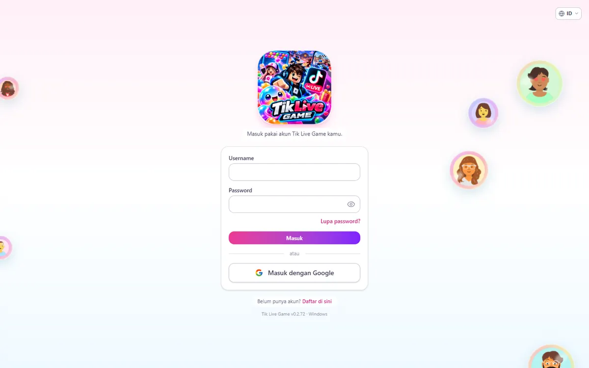 Layar login aplikasi PC: kolom sama, Masuk dengan Google & link Daftar di sini