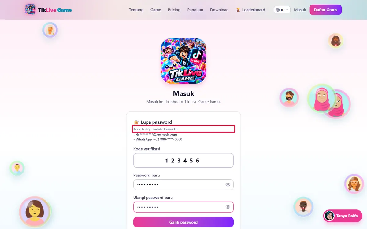 Kode 6 digit sudah dikirim - isi kode & password baru lalu Ganti password