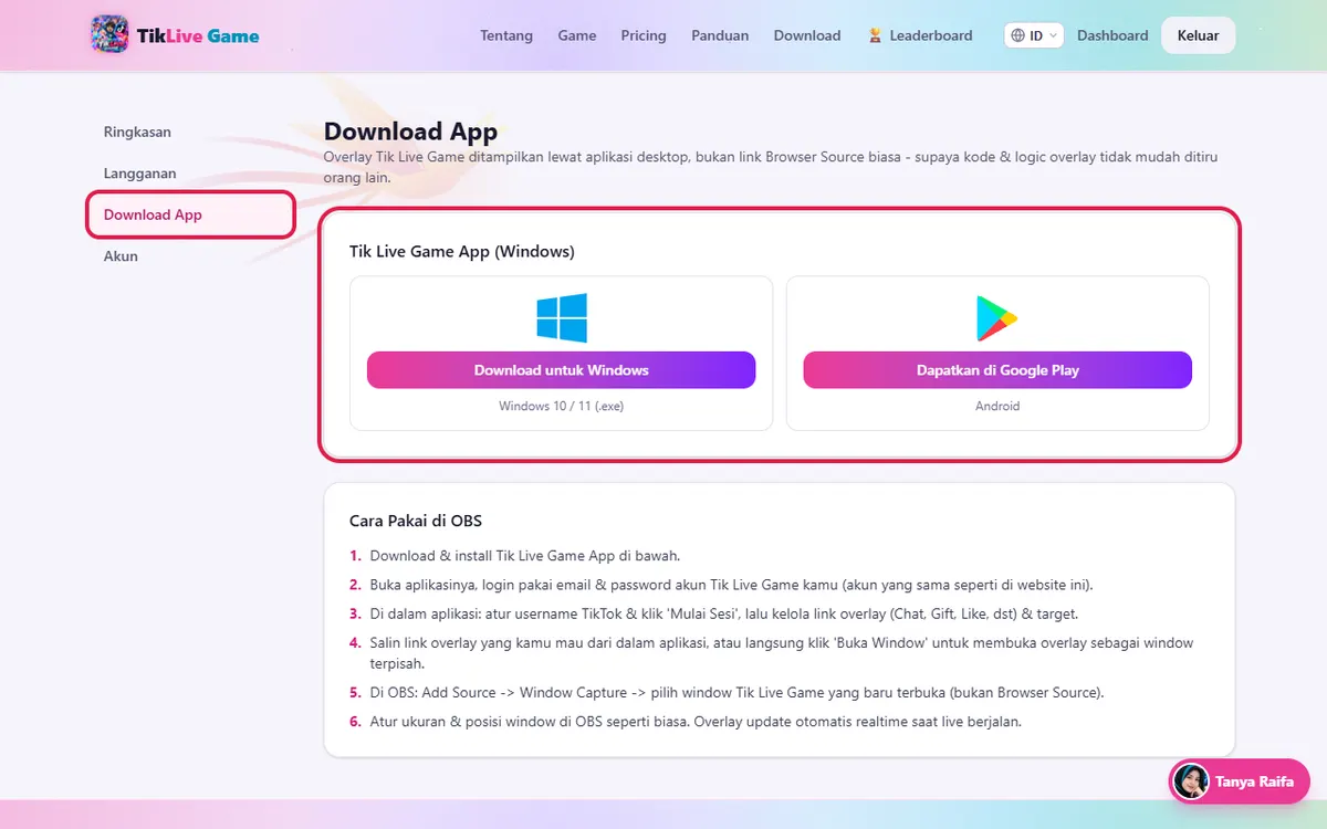 Menu Download App di dashboard: Download untuk Windows & Dapatkan di Google Play