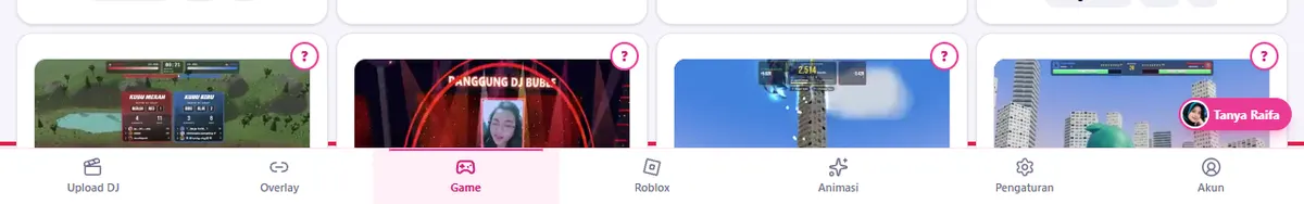 Menu bawah: Upload DJ, Overlay, Game, Roblox, Animasi, Pengaturan, Akun