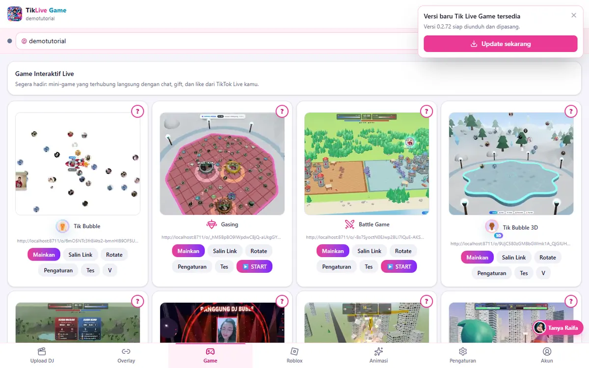 Kartu Versi baru Tik Live Game tersedia di pojok kanan atas