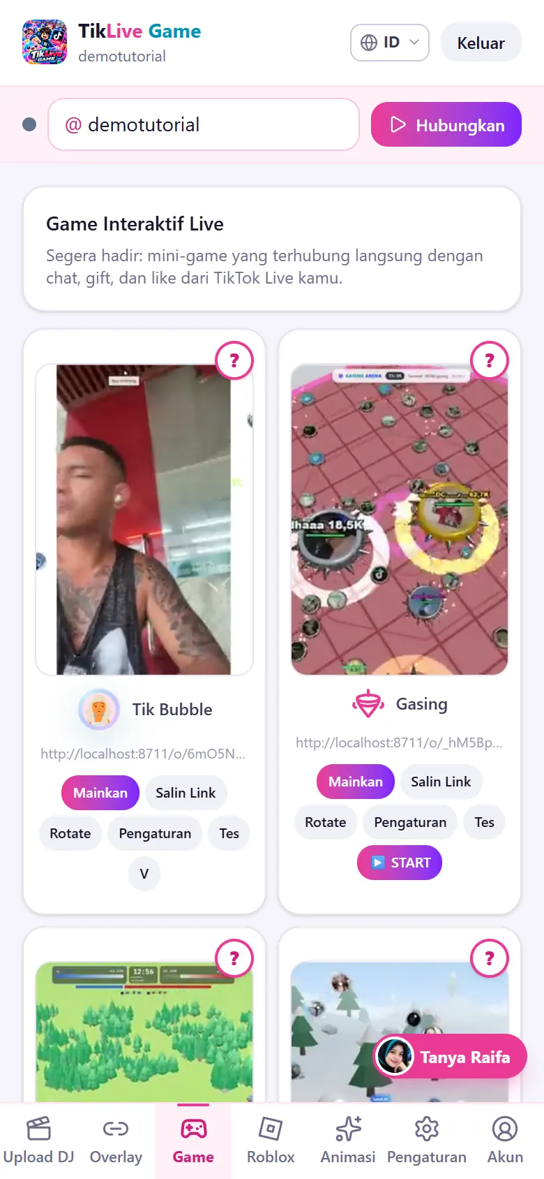 Panel di HP: bar Hubungkan di atas, menu di bawah, kartu game 2 kolom
