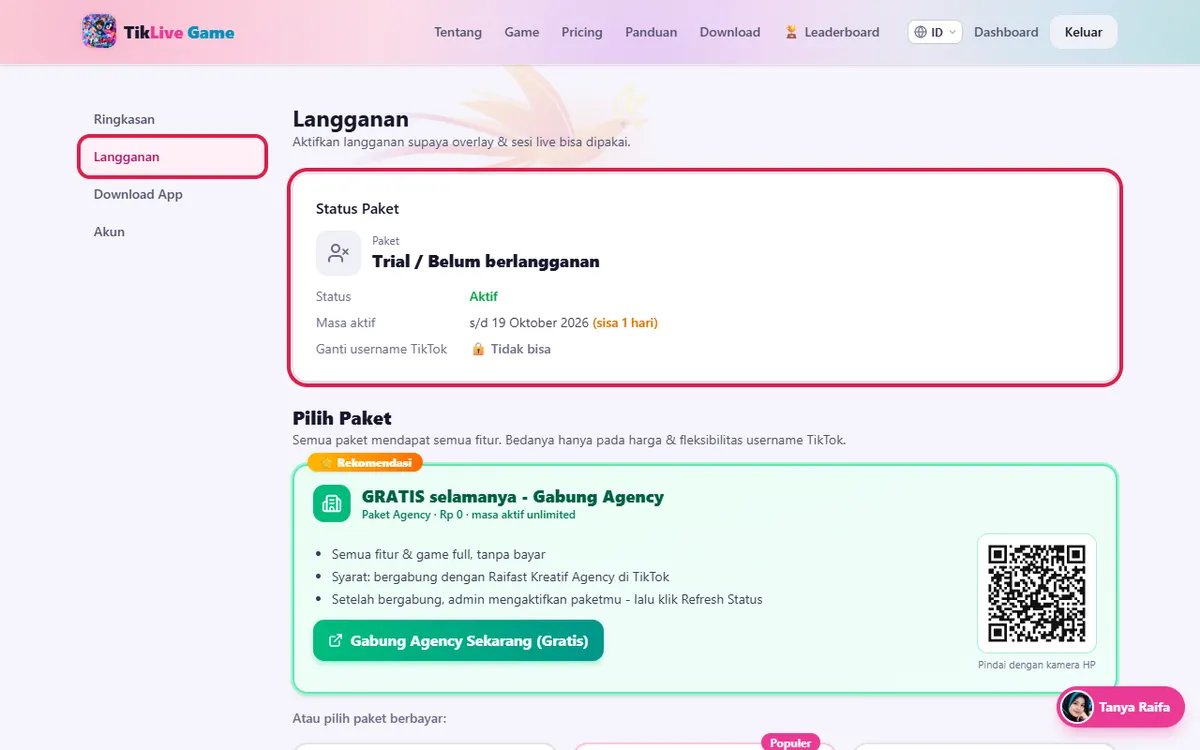 Menu Langganan → kartu Status Paket (Paket, Status, Masa aktif, Ganti username TikTok)