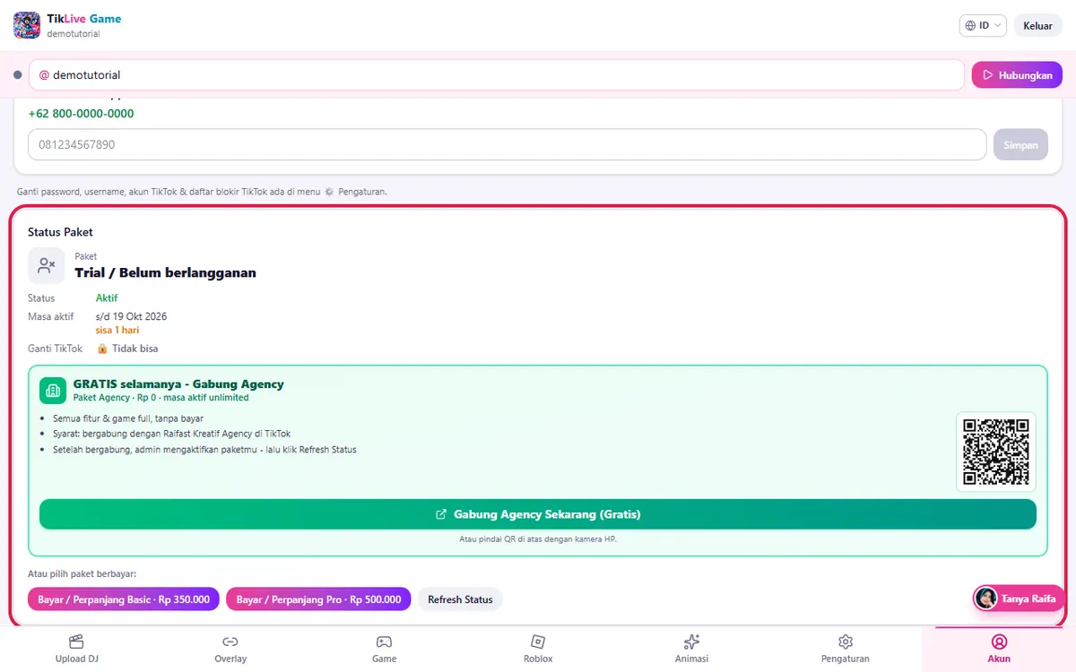 Aplikasi tab Akun → kartu Status Paket (isinya sama dengan website)