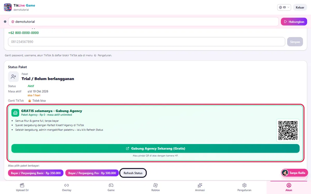 Di aplikasi (tab Akun): kotak hijau Gabung Agency & tombol Refresh Status