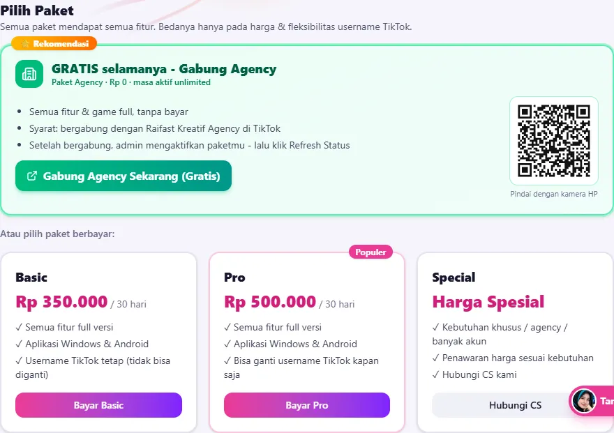Paket berbayar: Basic Rp 350.000, Pro Rp 500.000 (Populer), Special