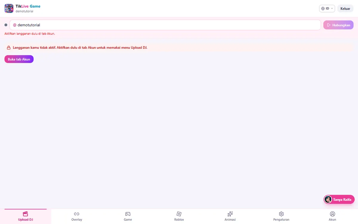 Tab Upload DJ terkunci dengan tombol Buka tab Akun