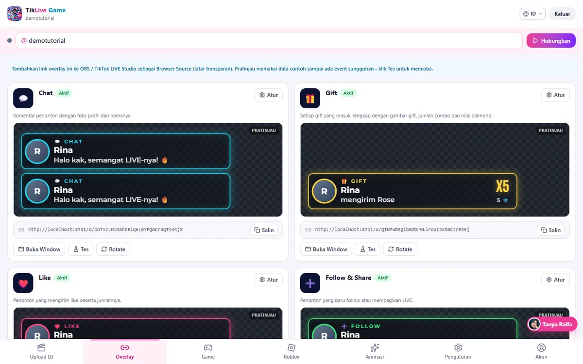 Tab Overlay: kartu Chat, Gift, Like dengan pratinjau langsung