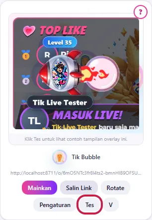 Klik Tes di kartu Tik Bubble: pratinjau game muncul di kartu