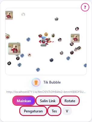 Kartu game: video sampul, nama, link, tombol Mainkan, Salin Link, Rotate, Pengaturan, Tes