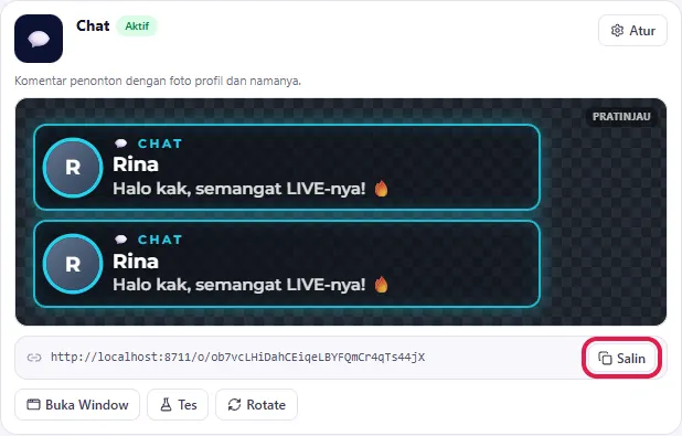 Kartu overlay di tab Overlay juga punya link & tombol Salin