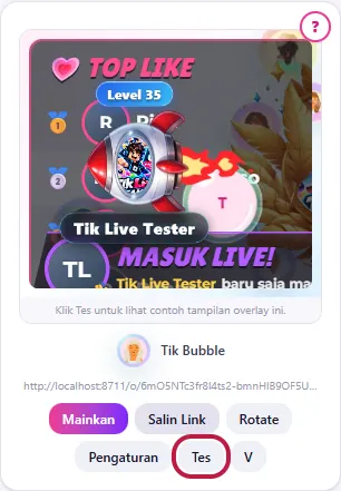 Klik Tes: pratinjau live muncul di dalam kartu