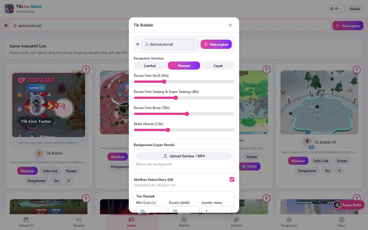Modal Pengaturan Tik Bubble: tampilan game bisa diatur