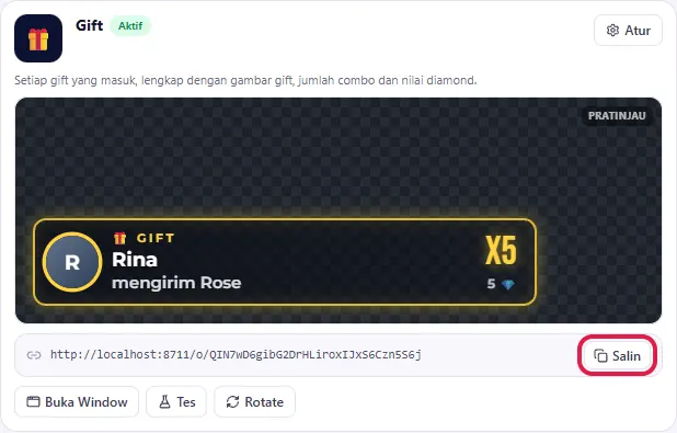 Tab Overlay → kartu Gift → tombol Salin di bawah pratinjau