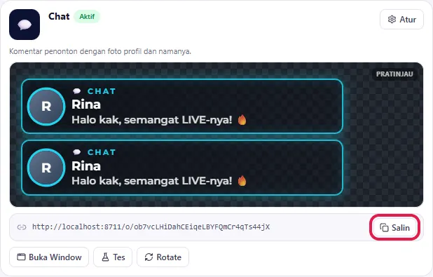 Di tab Overlay tombolnya bernama Salin, di bawah pratinjau setiap kartu