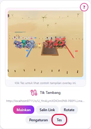 Klik Tes di kartu game - animasi tes juga muncul di kanvas OBS