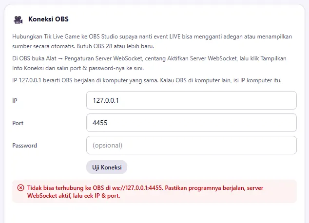 Contoh pesan merah Uji Koneksi OBS: Tidak bisa terhubung ke OBS (OBS/WebSocket belum aktif)