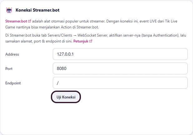 Kartu 🤖 Koneksi Streamer.bot: Address 127.0.0.1, Port 8080, Endpoint /