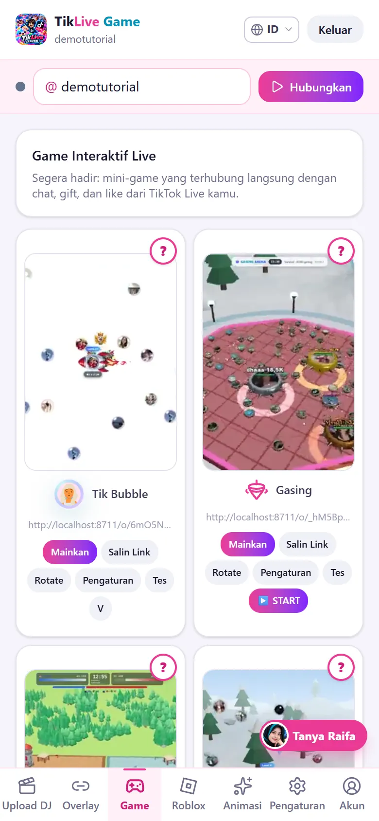 Tik Live Game di HP: tab Game dengan kartu tersusun 2 kolom