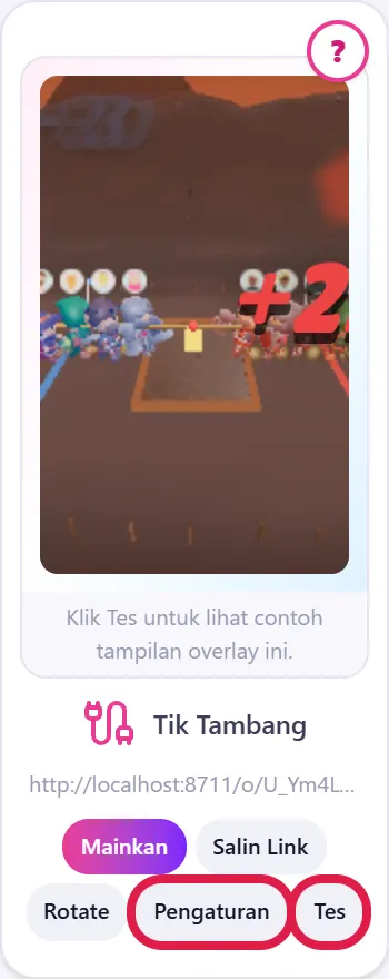 Kartu Tik Tambang: ketuk Pengaturan untuk atur gift & tampilan, ketuk Tes untuk pratinjau