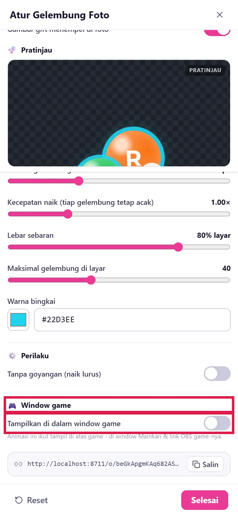 Tab Animasi → kartu Gelembung Foto → Atur → bagian Window game → Tampilkan di dalam window game