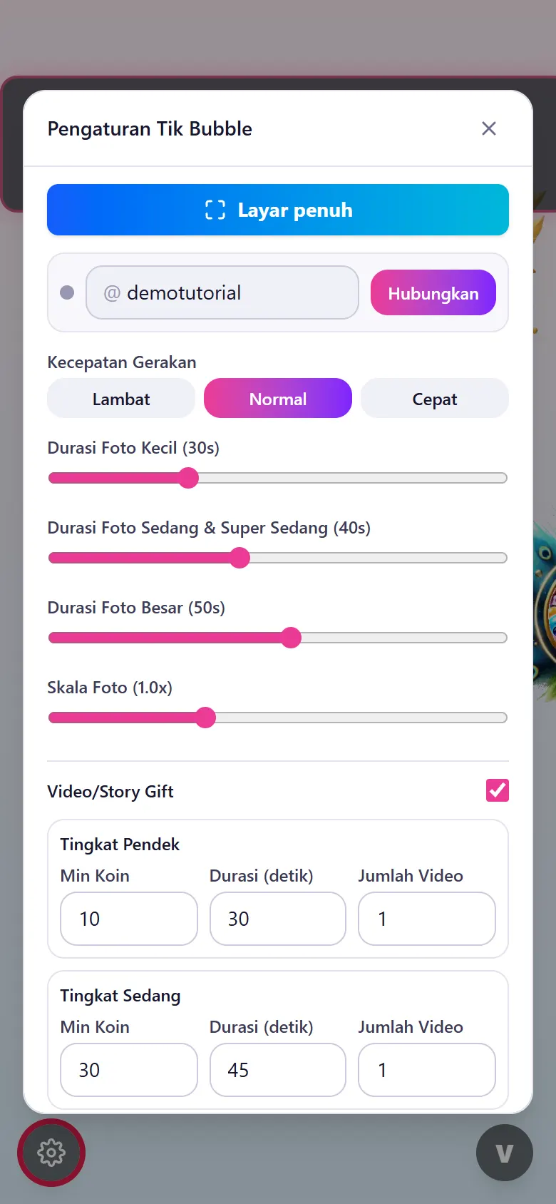 Ketuk gerigi ⚙️ di kiri bawah → tombol Layar penuh