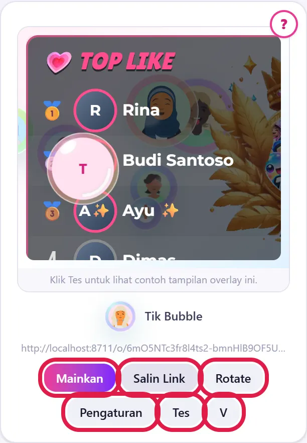 Kartu Tik Bubble: Mainkan, Salin Link, Rotate, Pengaturan, Tes, V