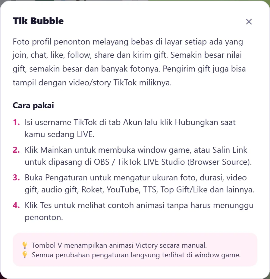 Panduan singkat dari tombol ? di kartu Tik Bubble