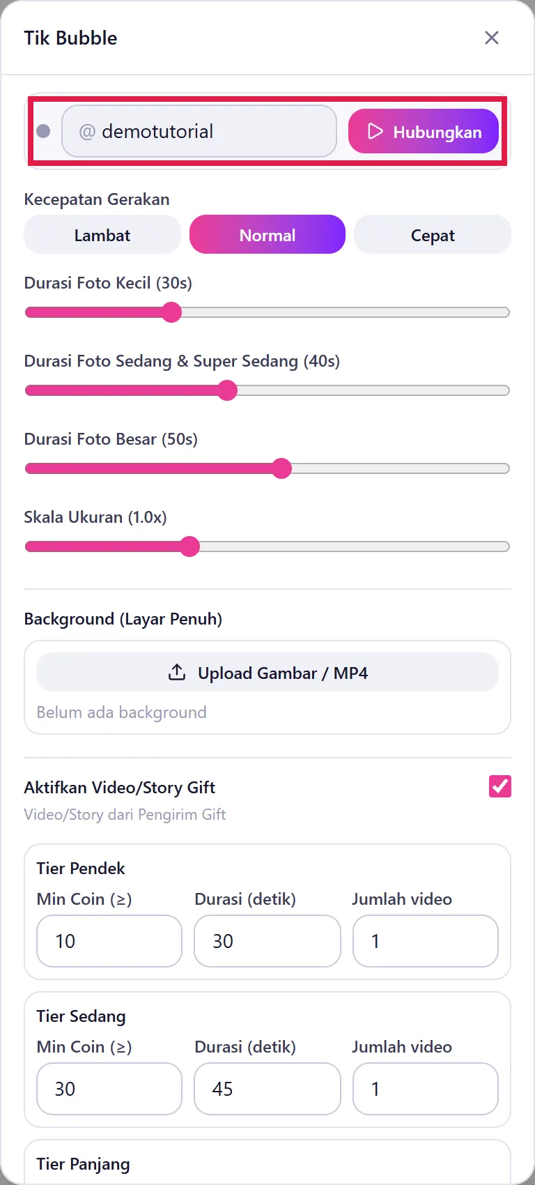 Jendela Pengaturan Tik Bubble dengan bar koneksi di atas