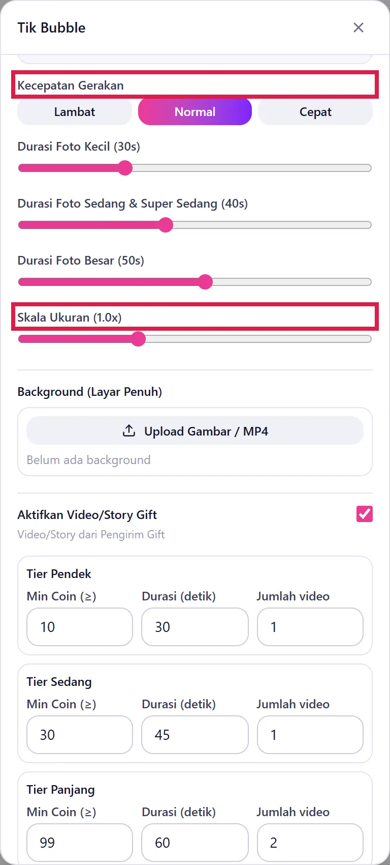 Kecepatan Gerakan, durasi foto, Skala Ukuran dan Background