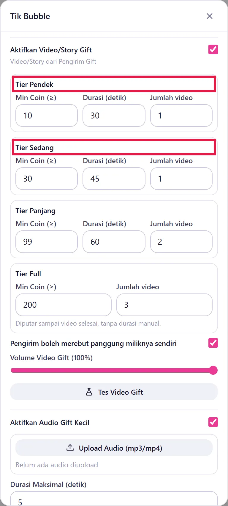 Aktifkan Video/Story Gift dan tabel tier