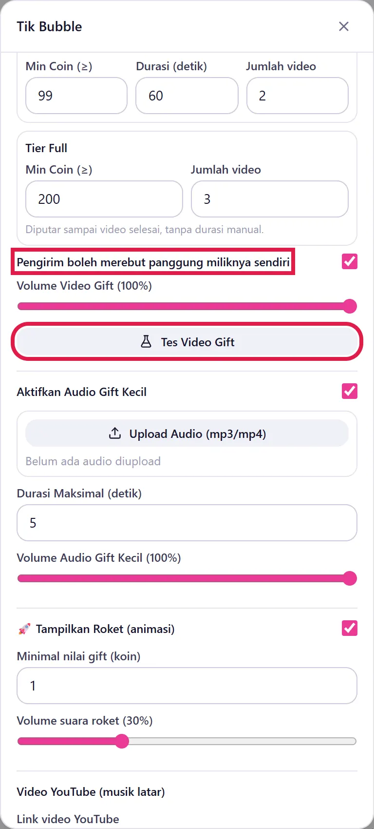 Rebut panggung, Volume Video Gift dan tombol Tes Video Gift