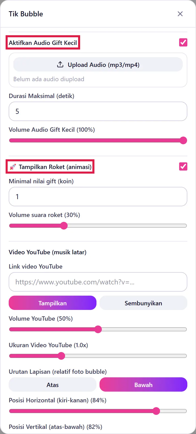 Audio Gift Kecil dan Tampilkan Roket