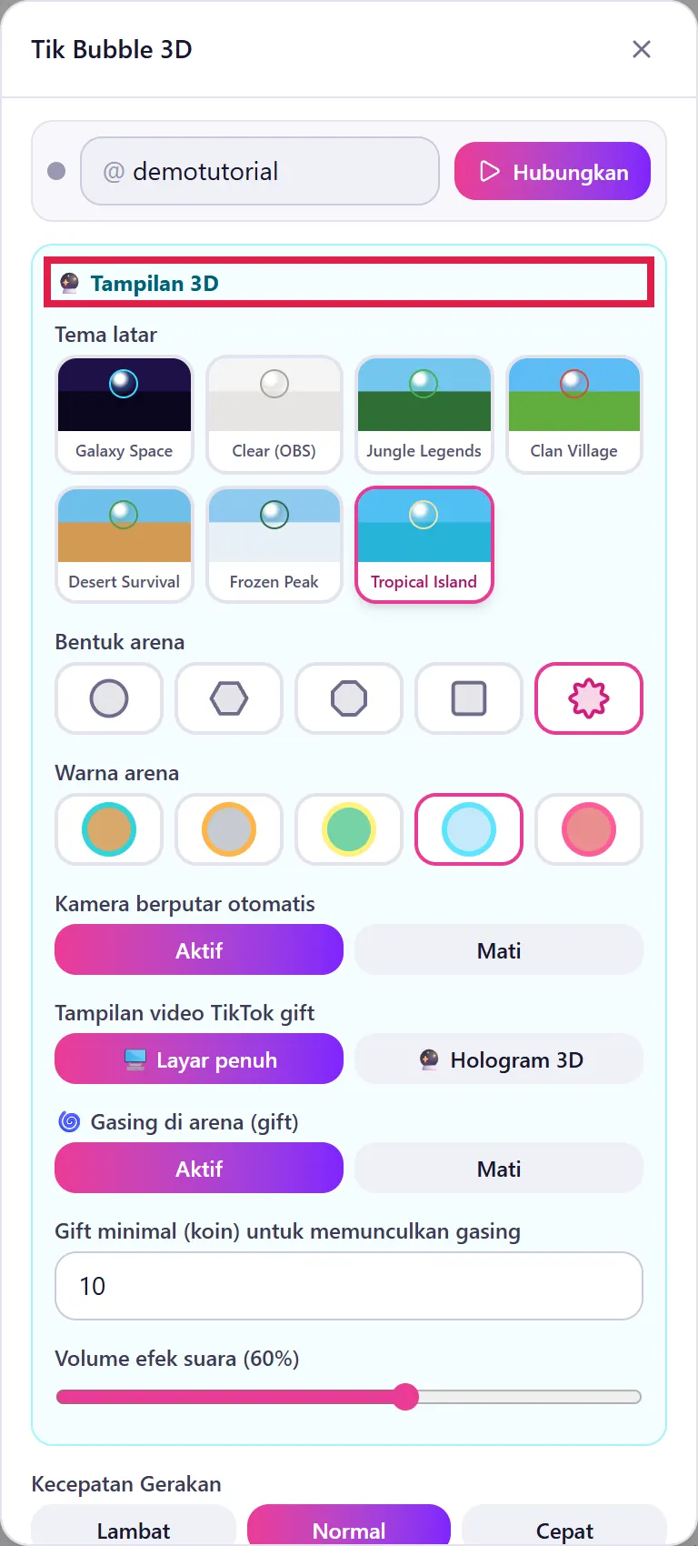 Pengaturan Tik Bubble 3D: bagian Tampilan 3D