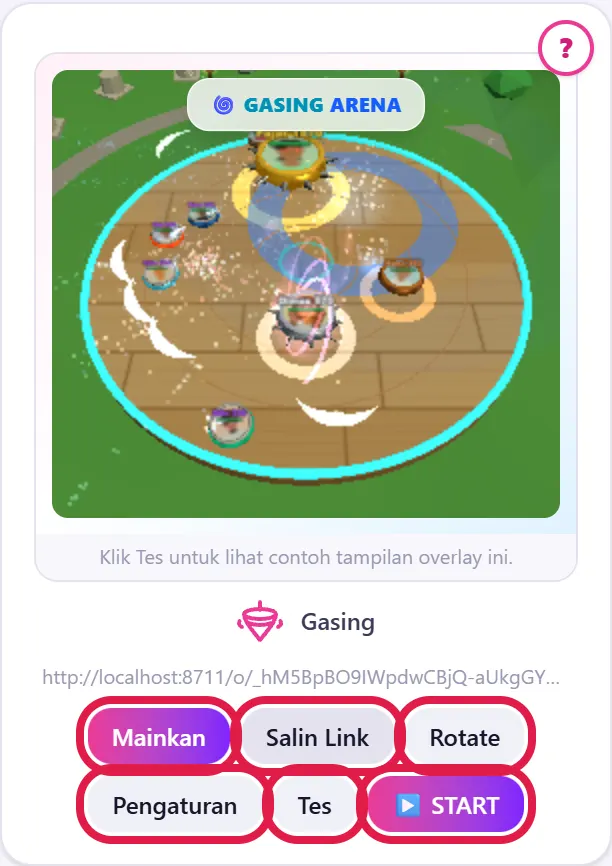 Kartu Gasing: Mainkan, Salin Link, Rotate, Pengaturan, Tes, START