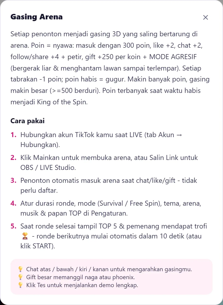 Panduan singkat dari tombol ? di kartu Gasing