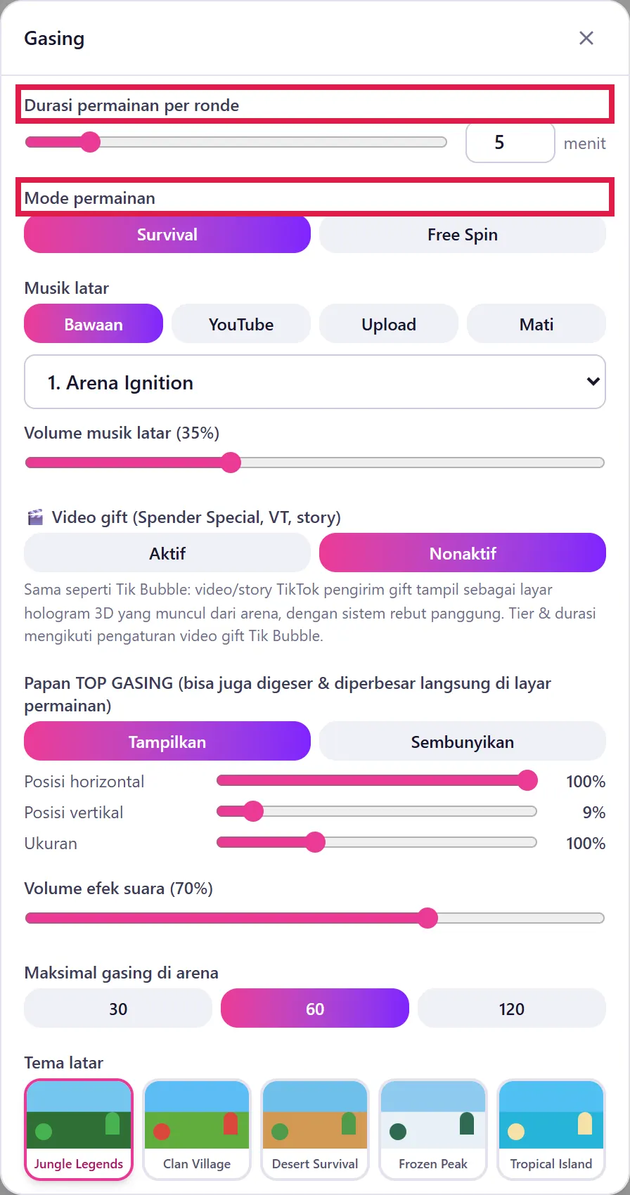 Durasi ronde dan Mode permainan